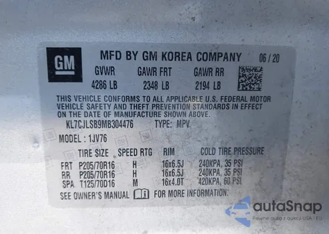 2021 Chevrolet Trax Lt из США, поврежденный, VIN KL7CJLSB9MB304476